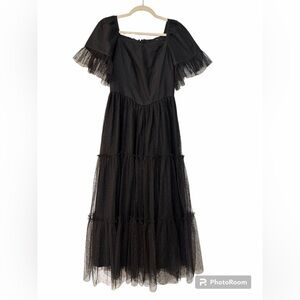 JessaKae Black Tiered Tulle Maxi Dress with Puff Sleeves